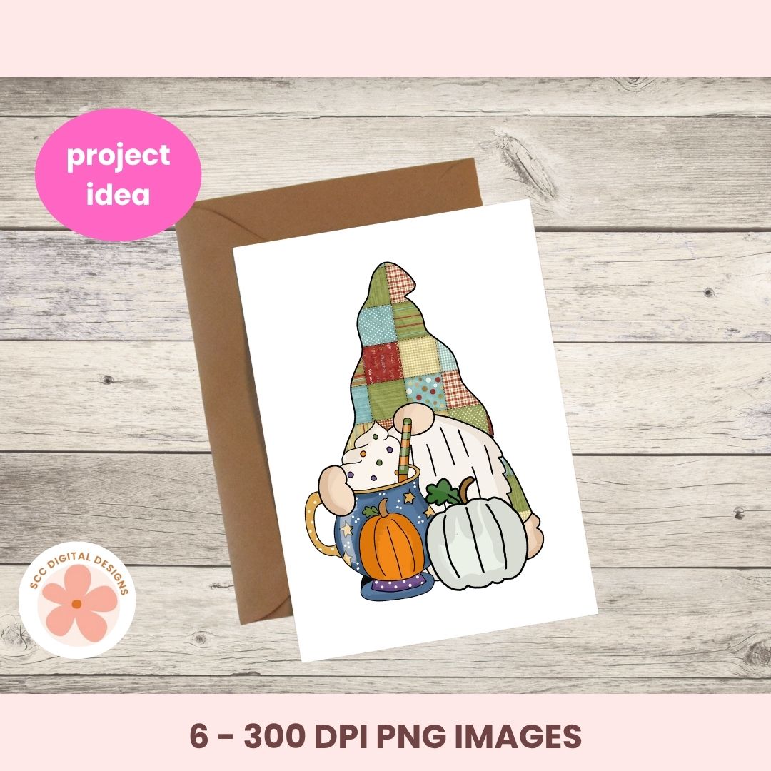 A digital mockup showing a white greeting card with a colorful autumn gnome illustration, placed on top of a brown envelope over a light wood plank background. Pink text badges read 'project idea' and '6 - 300 DPI PNG IMAGES'.