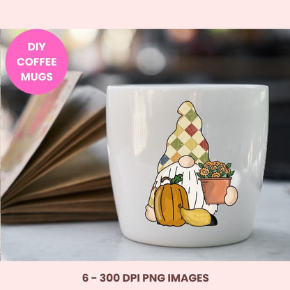 A white ceramic coffee mug with a printed autumn gnome design, shown on a light surface with an open book blurred in the background. A pink circle in the top left reads 'DIY COFFEE MUGS' and text at the bottom says '6 - 300 DPI PNG IMAGES'.