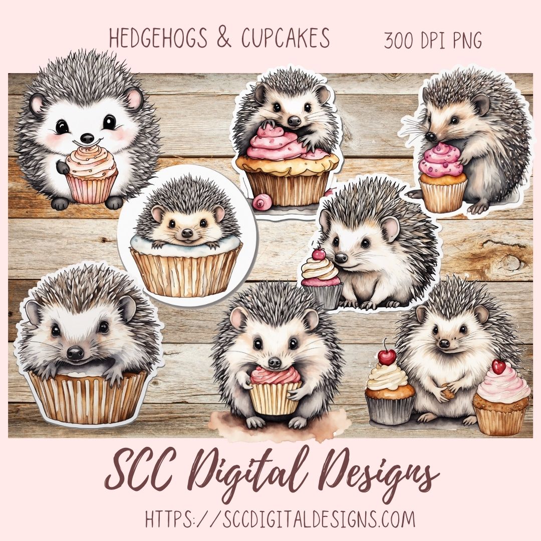 Birthday Clipart, Cute Hedgehogs and Cupcake PNG Designs for Printable & Digital Stickers, Planner Accessories, Scrapbook Elements, Junk Journaling and Paper Crafting & More!