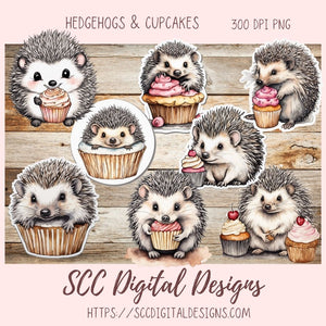 Birthday Clipart, Cute Hedgehogs and Cupcake PNG Designs for Printable & Digital Stickers, Planner Accessories, Scrapbook Elements, Junk Journaling and Paper Crafting & More!