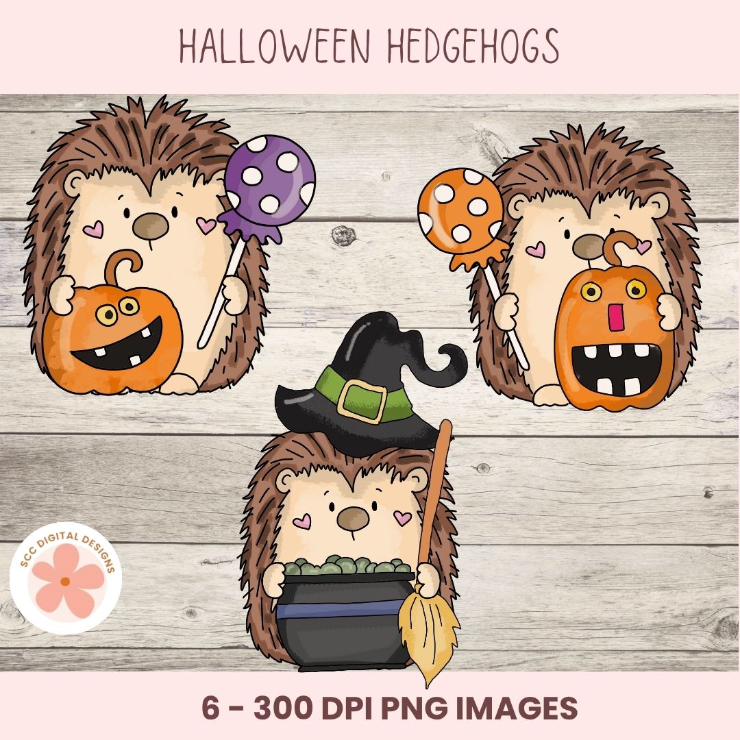 Halloween-themed hedgehog illustrations with pumpkins and a witch hat on a wooden background.