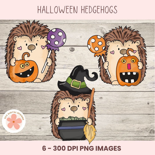 Halloween-themed hedgehog illustrations with pumpkins and a witch hat on a wooden background.