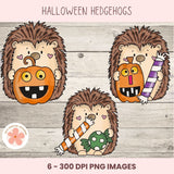 Three Halloween-themed hedgehogs with pumpkins and candy on a wooden background.