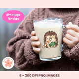 Glass mug with a hedgehog design held by a person wearing a brown sweater, with text 'diy mugs for kids' and '6 - 300 DPI PNG IMAGES'.