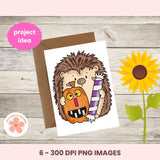 Hedgehog with pumpkin and candy on a card with a sunflower, envelope, and 'project idea' label.