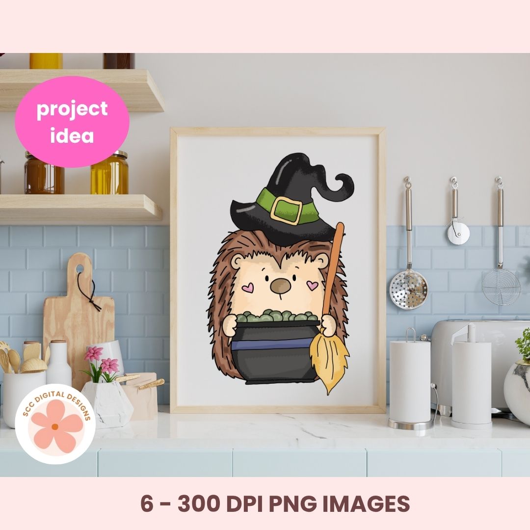 Framed illustration of a hedgehog in a witch costume on a kitchen counter.
