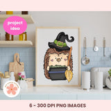 Framed illustration of a hedgehog in a witch costume on a kitchen counter.