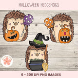 Halloween-themed hedgehog illustrations with pumpkins and a witch hat on a wooden background.