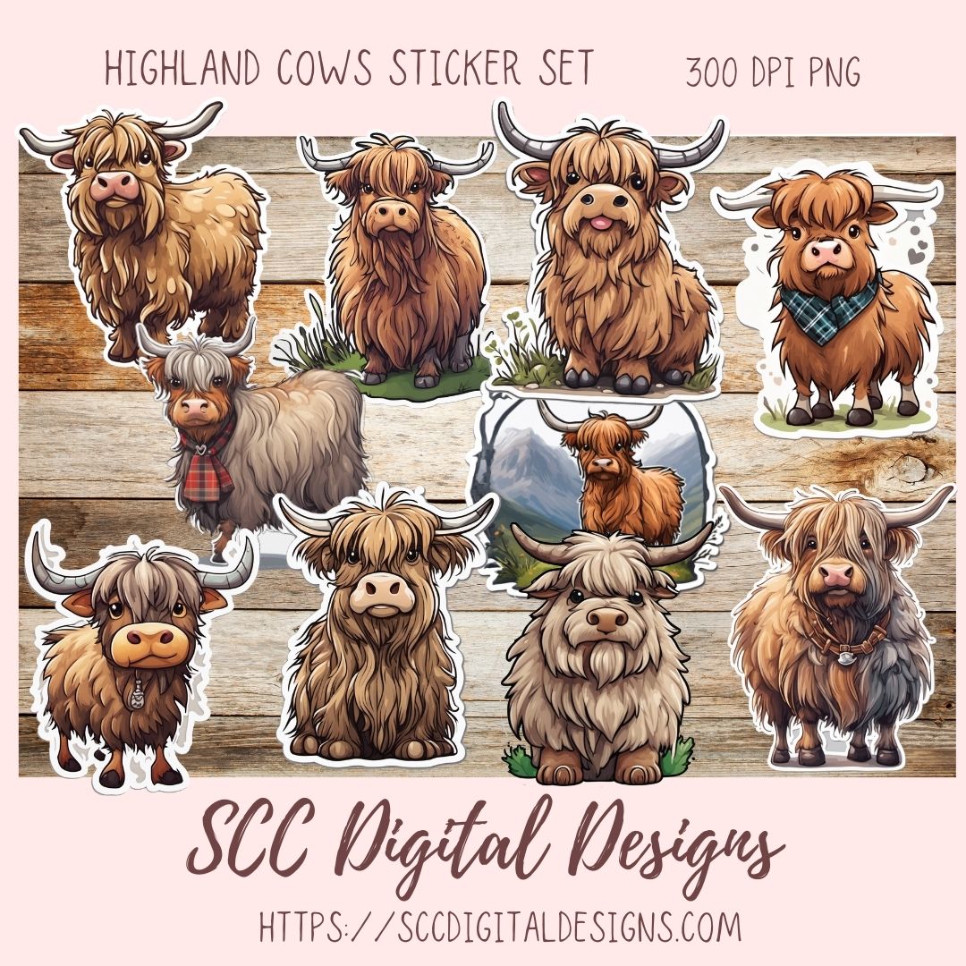 Highland Cows Sticker Pack for Digital Planners, Journals, Notes & Digital Scrapbooking, DIY Cow Lover Decals, Instant Download Pre-Cropped Goodnotes Compatible PNG Images