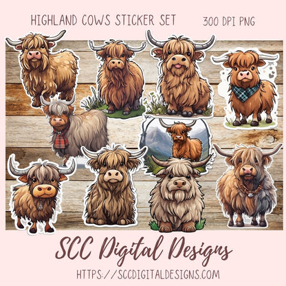 Highland Cows Sticker Pack for Digital Planners, Journals, Notes & Digital Scrapbooking, DIY Cow Lover Decals, Instant Download Pre-Cropped Goodnotes Compatible PNG Images