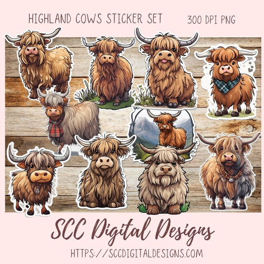 Highland Cows Sticker Pack for Digital Planners, Journals, Notes & Digital Scrapbooking, DIY Cow Lover Decals, Instant Download Pre-Cropped Goodnotes Compatible PNG Images