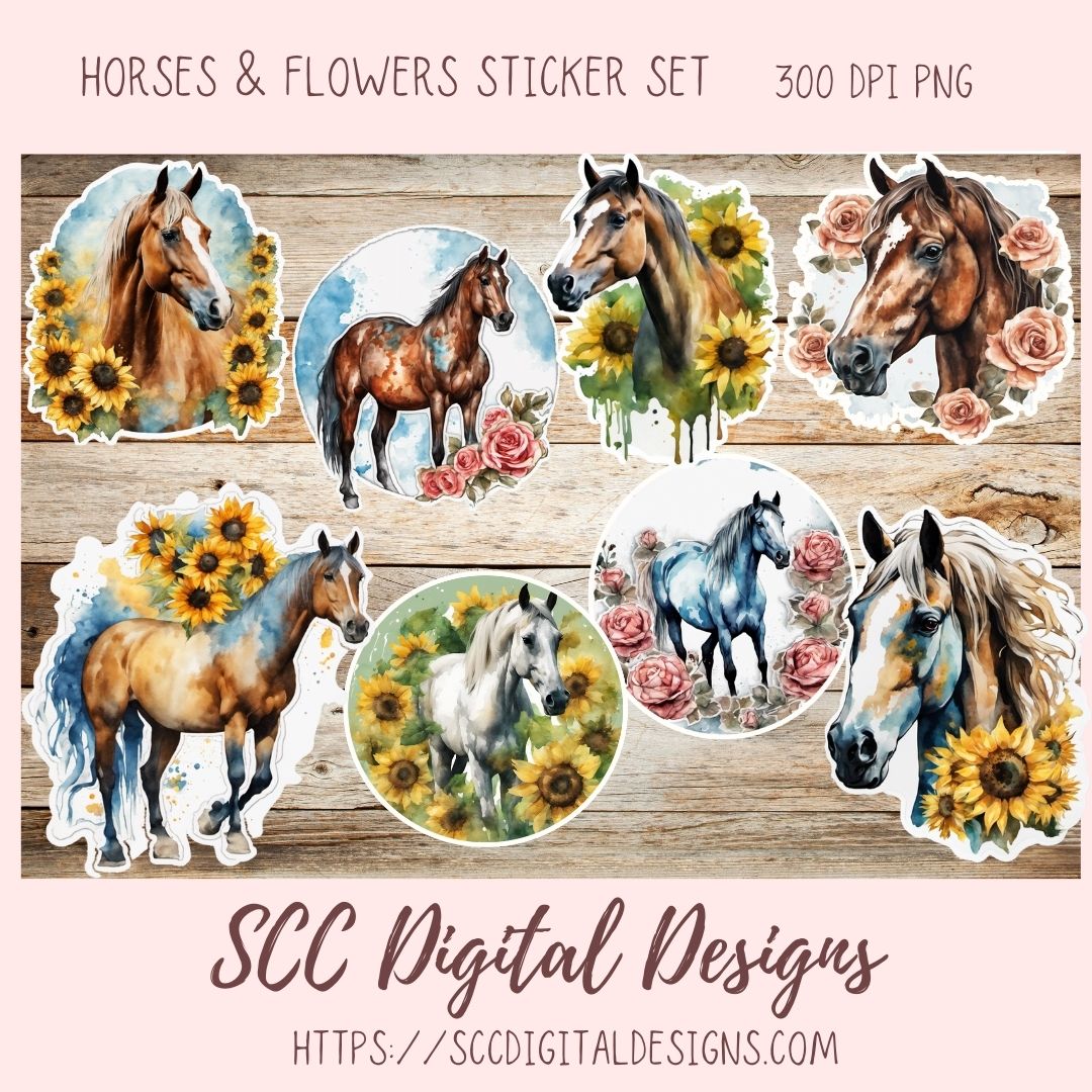 Floral Horse PNG Stickers for Digital or Paper Planners, Pre-Cropped Goodnotes Compatable for Women, Printable Clip Art Scrapbook Elements