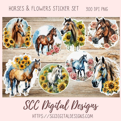 Floral Horse PNG Stickers for Digital or Paper Planners, Pre-Cropped Goodnotes Compatable for Women, Printable Clip Art Scrapbook Elements