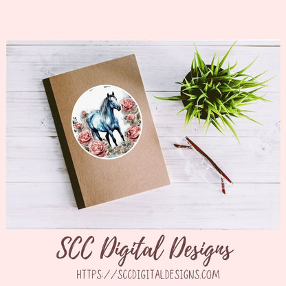 Floral Horse PNG Stickers for Digital or Paper Planners, Pre-Cropped Goodnotes Compatable for Women, Printable Clip Art Scrapbook Elements