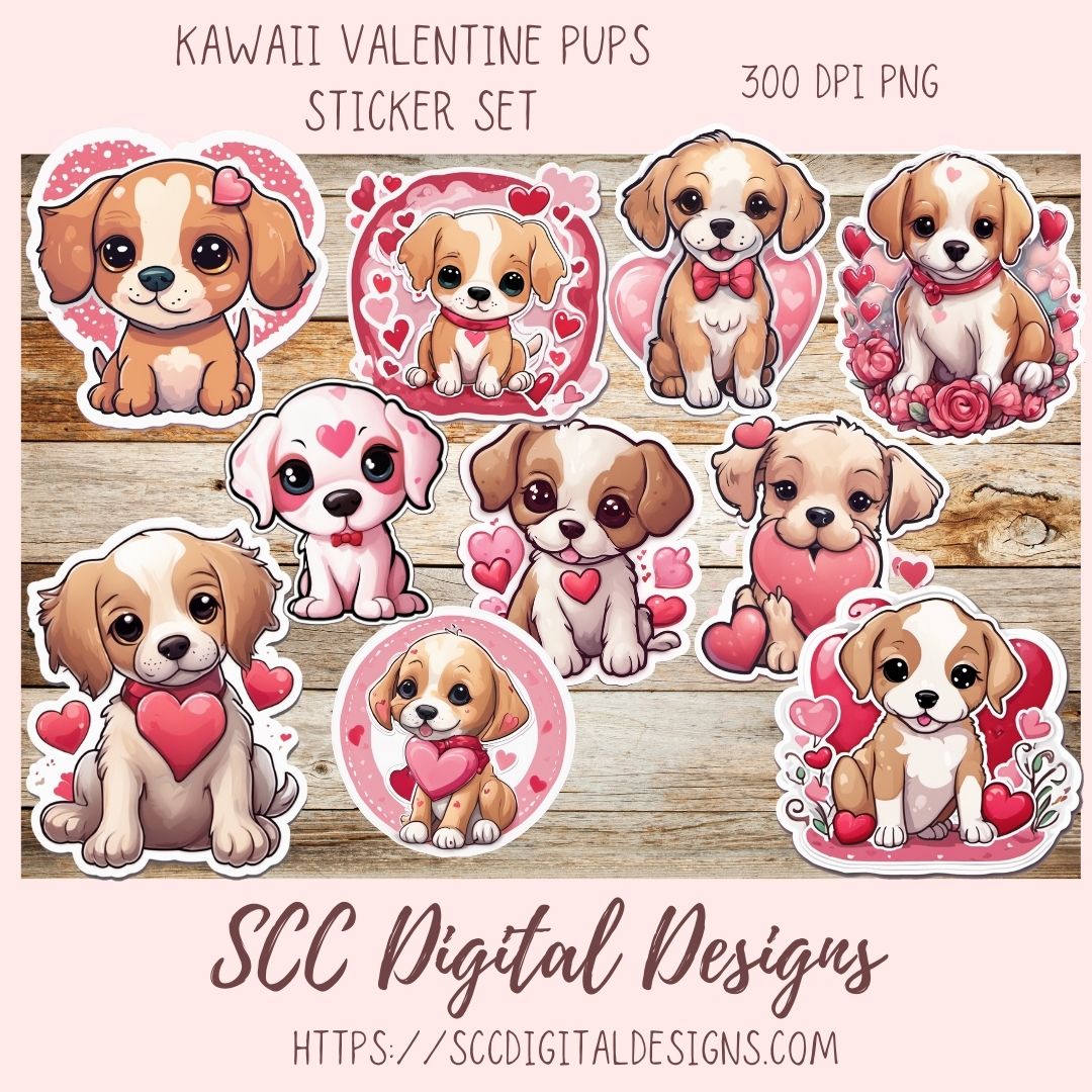 Kawaii Valentine Pups PNG Stickers for Digital or Paper Planners, Pre-Cropped Goodnotes Compatable, Printable Clip Art Scrapbook Elements