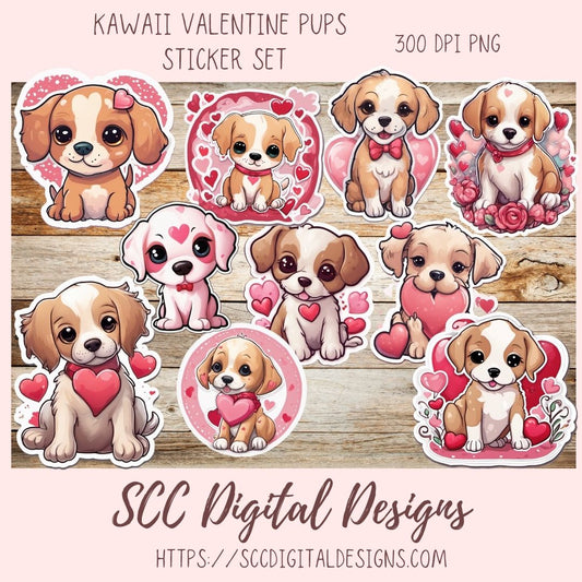 Kawaii Valentine Pups PNG Stickers for Digital or Paper Planners, Pre-Cropped Goodnotes Compatable, Printable Clip Art Scrapbook Elements