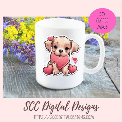 Kawaii Valentine Pups PNG Stickers for Digital or Paper Planners, Pre-Cropped Goodnotes Compatable, Printable Clip Art Scrapbook Elements