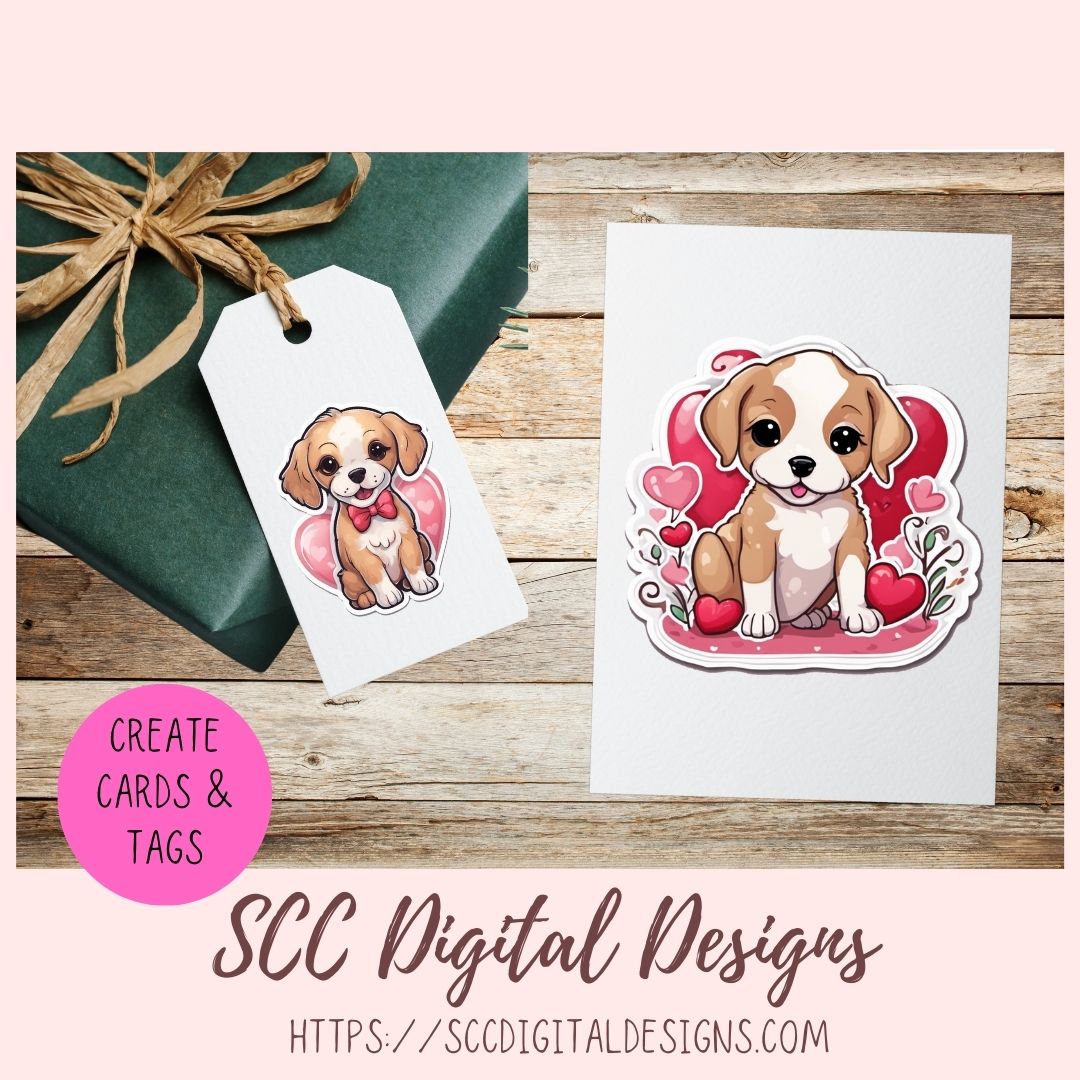 Kawaii Valentine Pups PNG Stickers for Digital or Paper Planners, Pre-Cropped Goodnotes Compatable, Printable Clip Art Scrapbook Elements