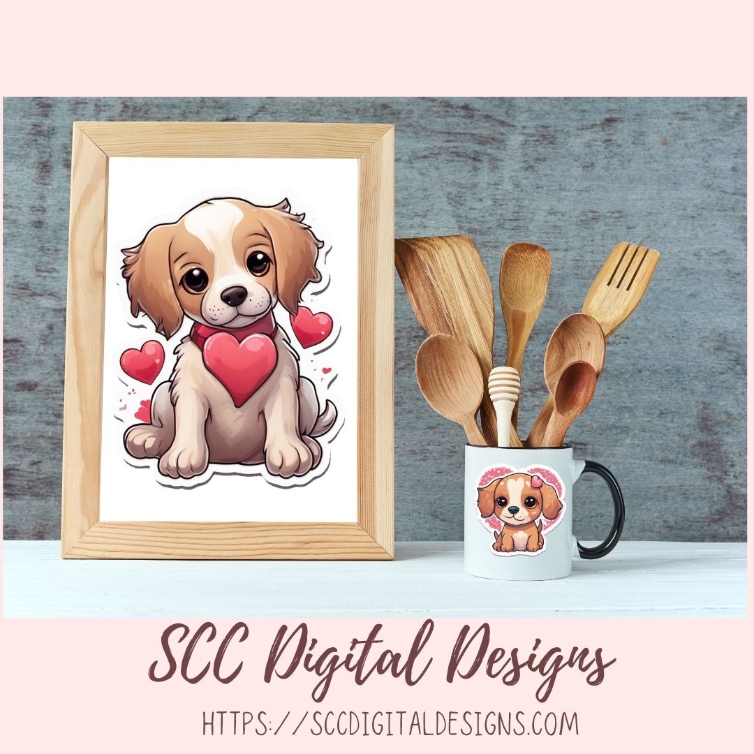 Kawaii Valentine Pups PNG Stickers for Digital or Paper Planners, Pre-Cropped Goodnotes Compatable, Printable Clip Art Scrapbook Elements