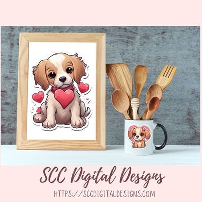 Kawaii Valentine Pups PNG Stickers for Digital or Paper Planners, Pre-Cropped Goodnotes Compatable, Printable Clip Art Scrapbook Elements