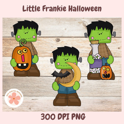 Digital clipart illustration of three cartoon Frankenstein's monsters for Halloween, shown on a light wood plank background with the text 'Little Frankie Halloween' at the top and '300 DPI PNG' at the bottom. A circular 'SEO DIGITAL DESIGNS' logo is in the lower-left corner.