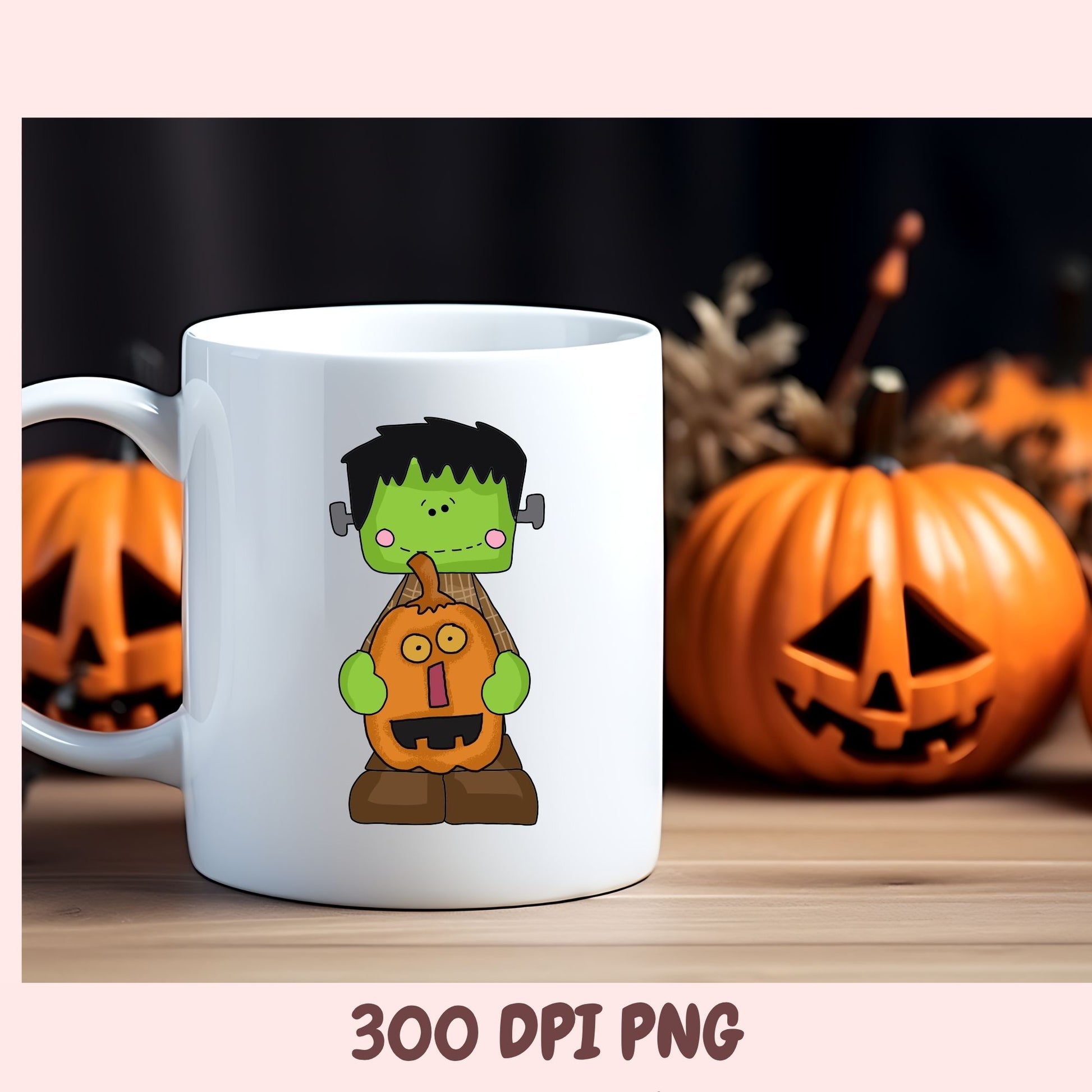 A white ceramic mug with a cartoon Frankenstein monster holding a jack-o'-lantern, set on a wooden surface with blurred pumpkins in the background. Text at the bottom reads '300 DPI PNG'.