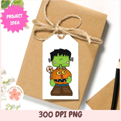 A Halloween-themed printable tag label design shown on a brown kraft paper gift box tied with twine. The tag features a cartoon Frankenstein's monster holding a pumpkin.