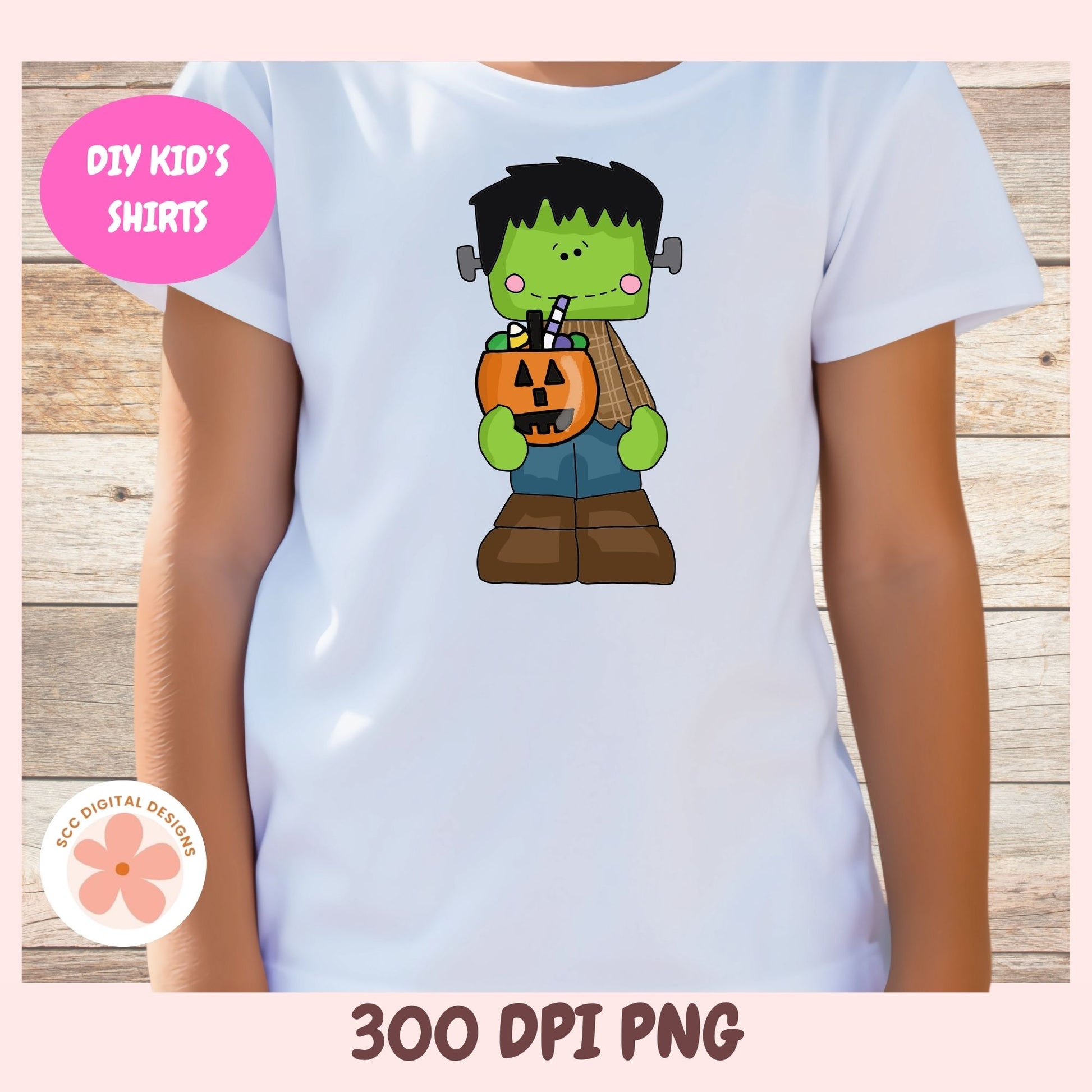 A child wearing a white short-sleeve T-shirt with a cartoon Frankenstein graphic holding a jack-o'-lantern. The image includes a pink circular badge reading 'DIY KID'S SHIRTS' and a circular logo for '3D Digital Designs', with '300 DPI PNG' text at the bottom against a wood plank background.