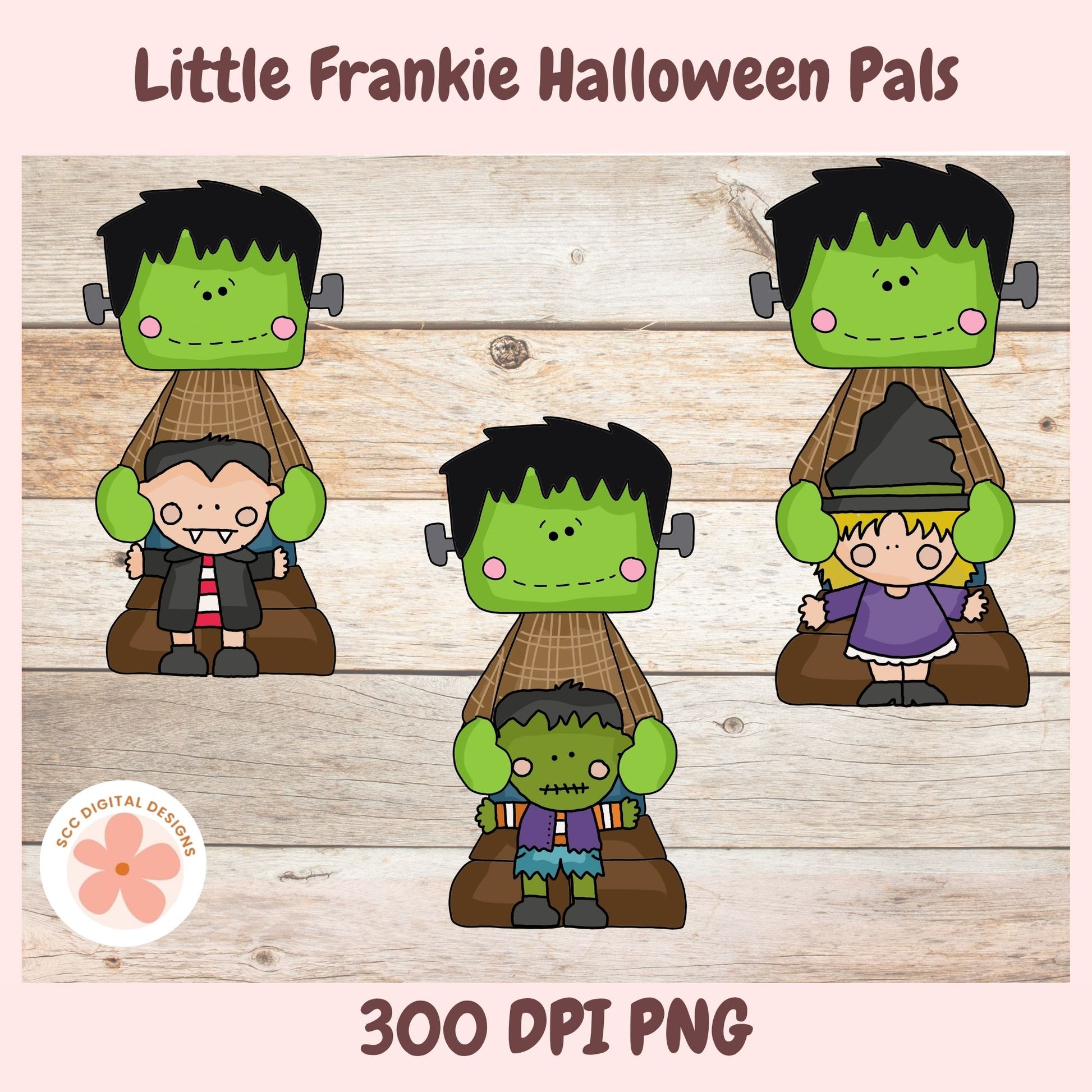 Digital clipart preview of five cute cartoon Halloween characters on a light wood plank background, with the title 'Little Frankie Halloween Pals' at the top and '300 DPI PNG' at the bottom. The characters include Frankenstein's monster, a vampire, a witch, and two zombie-like figures.