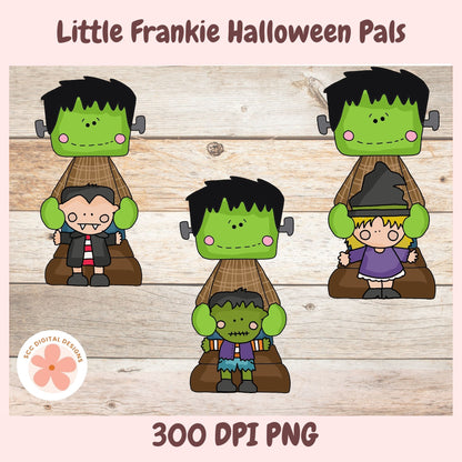 Digital clipart preview of five cute cartoon Halloween characters on a light wood plank background, with the title 'Little Frankie Halloween Pals' at the top and '300 DPI PNG' at the bottom. The characters include Frankenstein's monster, a vampire, a witch, and two zombie-like figures.