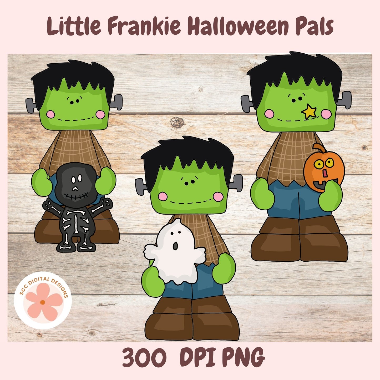 Digital clipart preview of three cartoon Frankenstein-themed children labeled 'Little Frankie Halloween Pals' on a wood-plank background, with text '300 DPI PNG' and a circular 'SEC DIGITAL DESIGNS' logo.