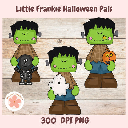 Digital clipart preview of three cartoon Frankenstein-themed children labeled 'Little Frankie Halloween Pals' on a wood-plank background, with text '300 DPI PNG' and a circular 'SEC DIGITAL DESIGNS' logo.