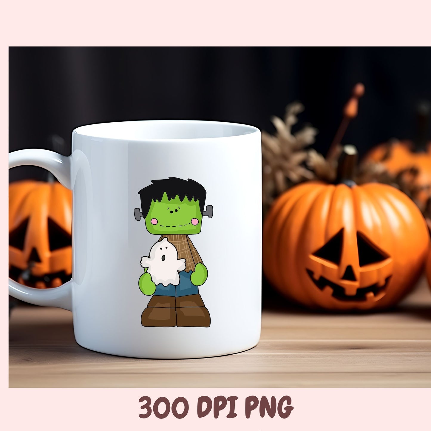 A white ceramic mug with a cartoon Frankenstein character holding a white ghost printed on the side, set on a wooden surface with blurred jack-o'-lantern pumpkins in the background. Text at the bottom reads '300 DPI PNG'.