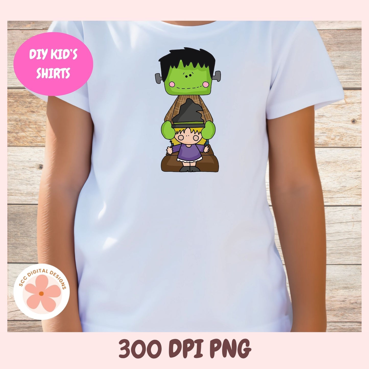 A child wearing a white t-shirt with a cartoon graphic of a green monster sitting on a witch's broom. The image includes a pink badge that says 'DIY KID'S SHIRTS' and a circular logo for 'SEC DIGITAL DESIGNS', set against a light wood background.