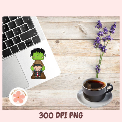 A digital graphic design preview showing a cute cartoon Frankenstein and Boris the Brave sticker applied to a silver laptop trackpad on a rustic wood desk background, alongside a cup of coffee, lavender flowers, and a pink border with text reading '300 DPI PNG' and a circular 'EC Digital Designs' logo.