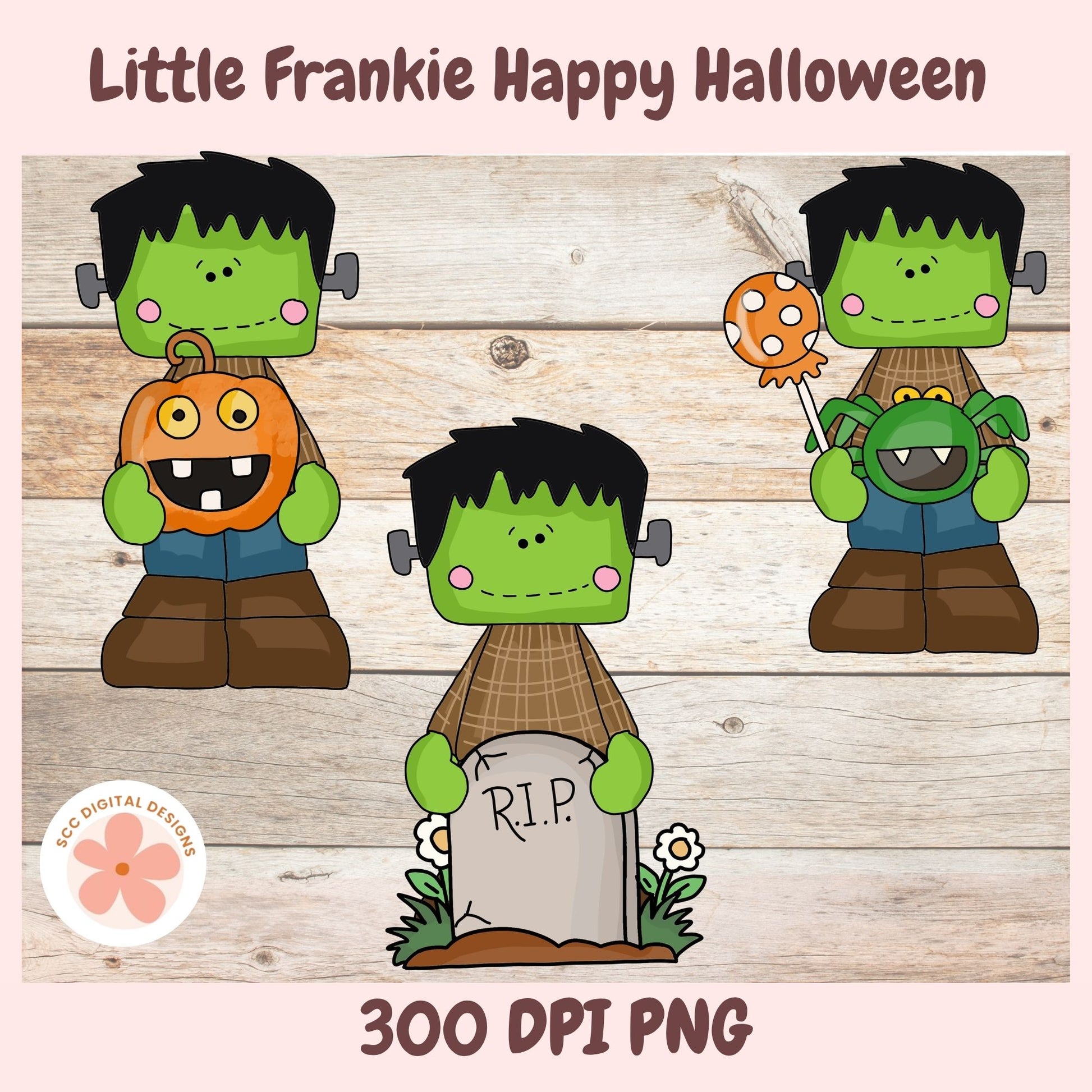 Digital clipart preview for 'Little Frankie Happy Halloween' showing three cartoon Frankenstein-themed children on a wood plank background, with text reading 'Little Frankie Happy Halloween' and '300 DPI PNG'.