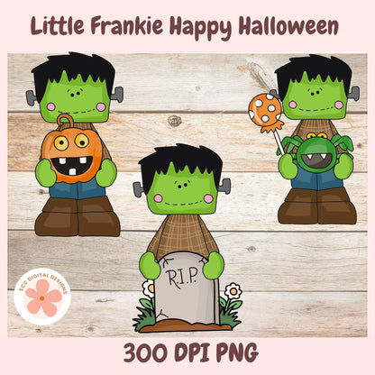 Digital clipart preview for 'Little Frankie Happy Halloween' showing three cartoon Frankenstein-themed children on a wood plank background, with text reading 'Little Frankie Happy Halloween' and '300 DPI PNG'.