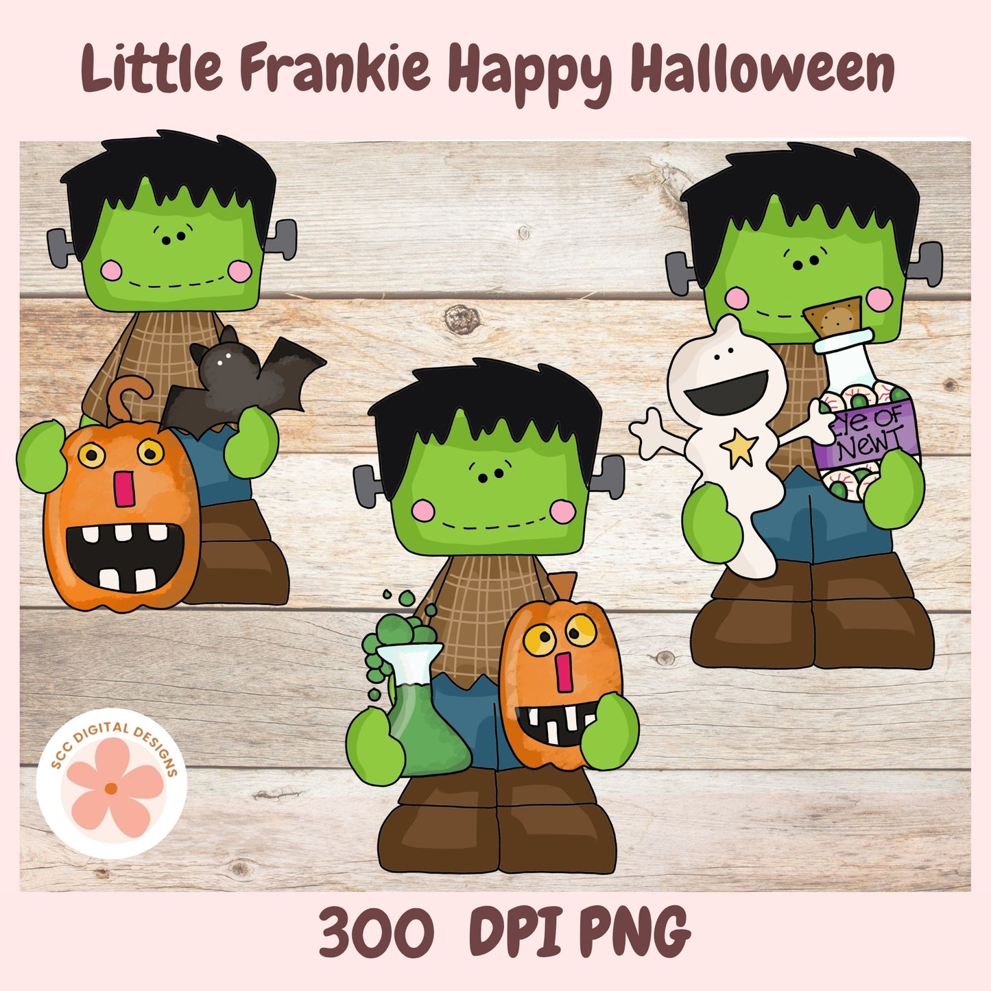 Digital clipart preview for 'Little Frankie Happy Halloween' showing three cartoon Frankenstein characters on a light wood background, with text reading '300 DPI PNG' and a 'Sec Digital Designs' logo.