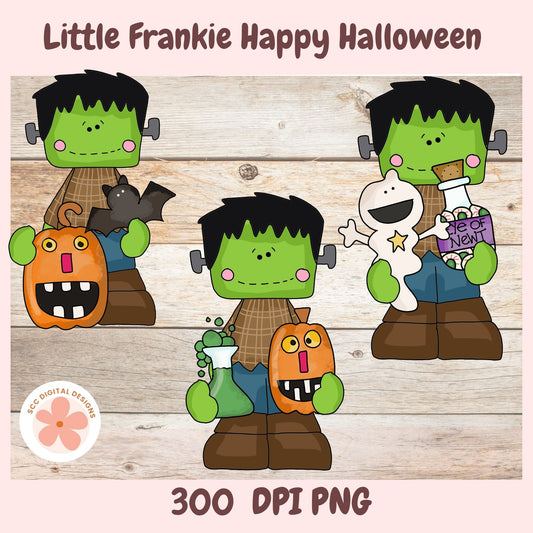 Digital clipart preview for 'Little Frankie Happy Halloween' showing three cartoon Frankenstein characters on a light wood background, with text reading '300 DPI PNG' and a 'Sec Digital Designs' logo.