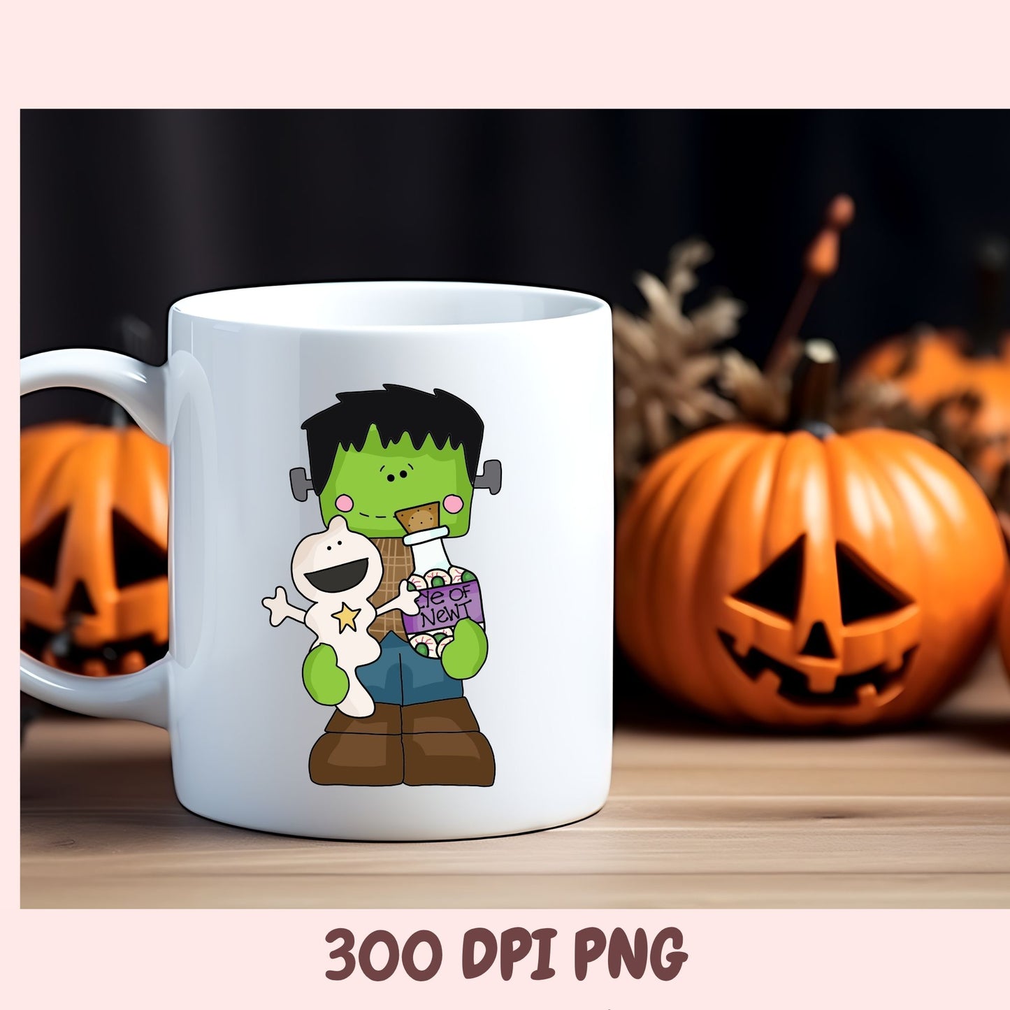 A white ceramic mug with a cartoon Frankenstein holding a pumpkin, set against a Halloween-themed background with pumpkins and a wooden surface. Text at the bottom reads '300 DPI PNG'.