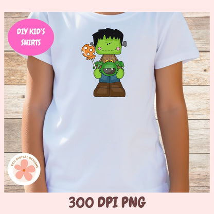 A child wearing a white t-shirt with a cartoon graphic of a green monster holding a lollipop, set against a rustic wood background. The image includes promotional overlays for 'DIY KID'S SHIRTS' and '300 DPI PNG'.