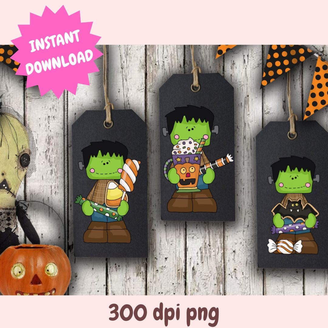 Little Frankie Trick or Treat Clipart Set, Cute Frankenstein PNGs, Halloween Candy Digital Download for Crafts, Stickers & Sublimation