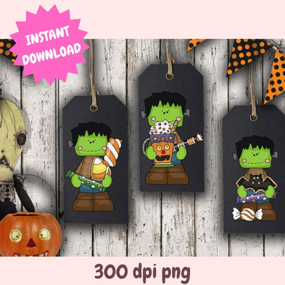 Little Frankie Trick or Treat Clipart Set, Cute Frankenstein PNGs, Halloween Candy Digital Download for Crafts, Stickers & Sublimation