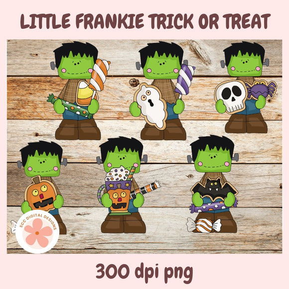Little Frankie Trick or Treat Clipart Set, Cute Frankenstein PNGs, Halloween Candy Digital Download for Crafts, Stickers & Sublimation
