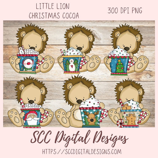 Whimsical Christmas Clipart, Lion Hot Cocoa Mugs, Reindeer, Snowmen, & Santa PNGs, DIY Greeting Cards, Gift Tags, Digital Scrapbook Elements