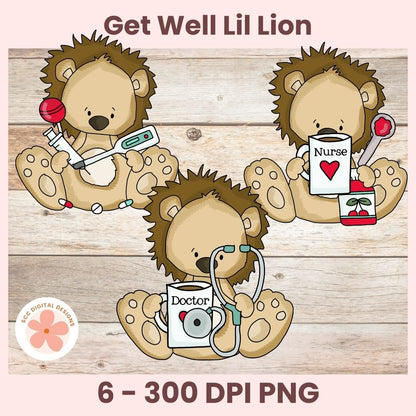 Get Well Soon Lion Clipart, Cute Cartoon Lion Doctor & Nurse PNG, Whimsical Medical Animal Clip Art for Scrapbooking, Junk Journals & Crafts.