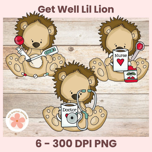 Get Well Soon Lion Clipart, Cute Cartoon Lion Doctor & Nurse PNG, Whimsical Medical Animal Clip Art for Scrapbooking, Junk Journals & Crafts.