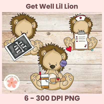 Get Well Soon Lion Clipart, Cute Cartoon Lion Doctor & Nurse PNG, Whimsical Medical Animal Clip Art for Scrapbooking, Junk Journals & Crafts.