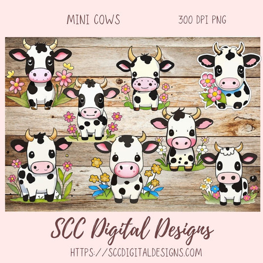 Black & White Cows Digital Planner Stickers, Hand Drawn Colorful Printable Pre-Cropped PNG Images, Goodnotes Compatible, Scrapbook Elements