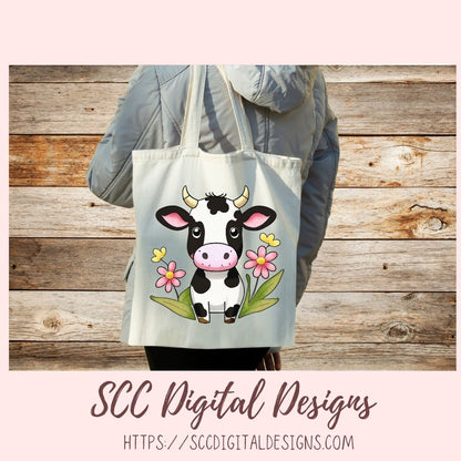 Black & White Cows Digital Planner Stickers, Hand Drawn Colorful Printable Pre-Cropped PNG Images, Goodnotes Compatible, Scrapbook Elements